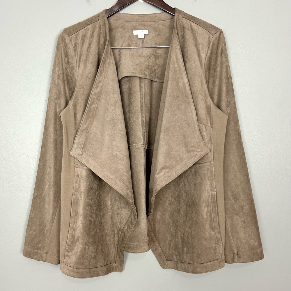 J. Jill Faux Suede Jacket Women’s Size L Open Front Pockets Boho Western Taupe